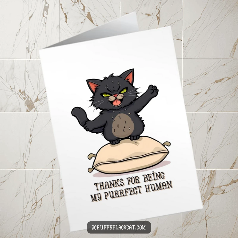 Funny Free Printable Thank You Card: Mischievous scruffy black cat performing a funny leap over a cushion.