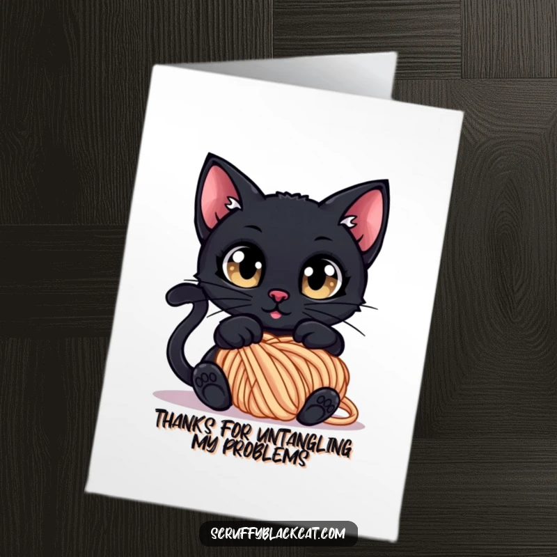 Funny Free Printable Thank You Card: Black cat with wide, curious eyes, humorously tangled in a ball of yarn, looking bewildered.