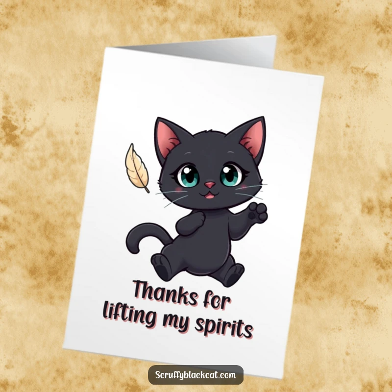Funny Free Printable Thank You Card: Big-eyed black cat leaps towards a floating feather, saying thank you playfully.