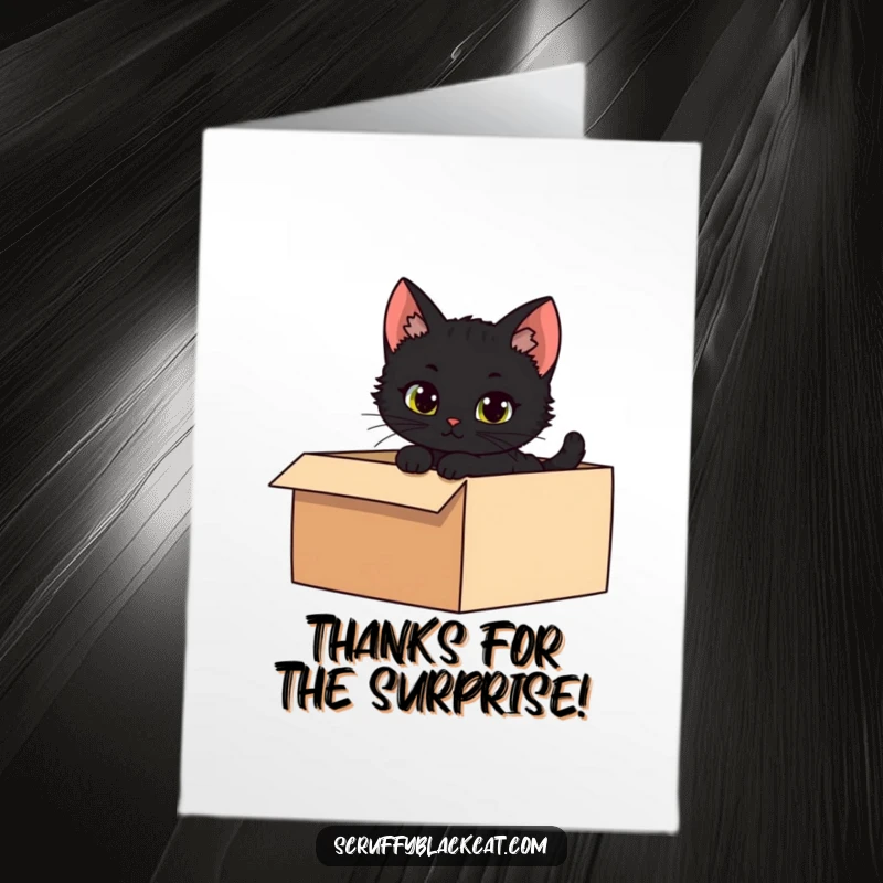 Funny Free Printable Thank You Card: A mischievous black kitten peeking from a box, a cute DIY gift.
