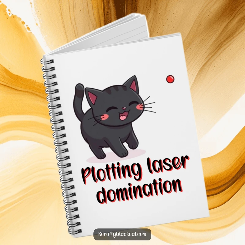 Funny black cat intensely chasing a red laser dot, featured on the cover of a useful notebook.