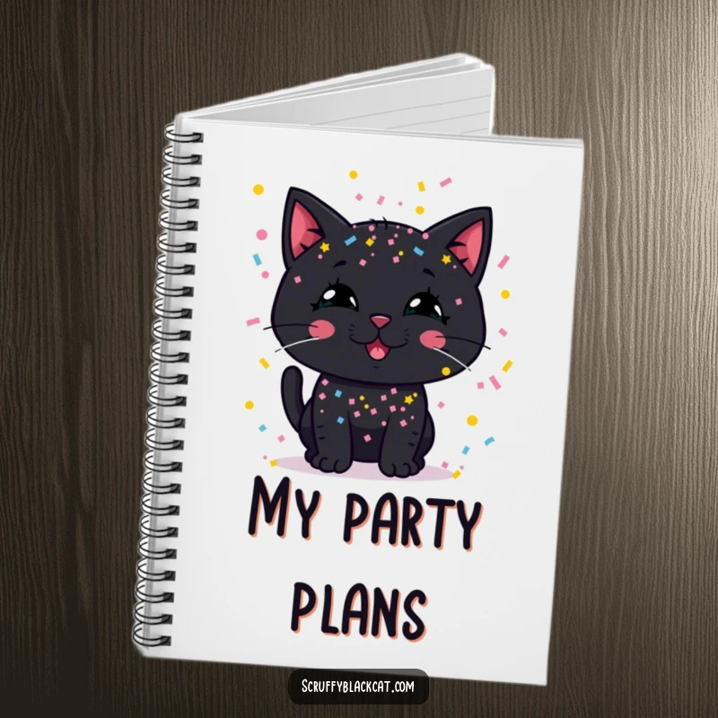 Funny notebook cover featuring a black cat with a silly grin, adorned with confetti.