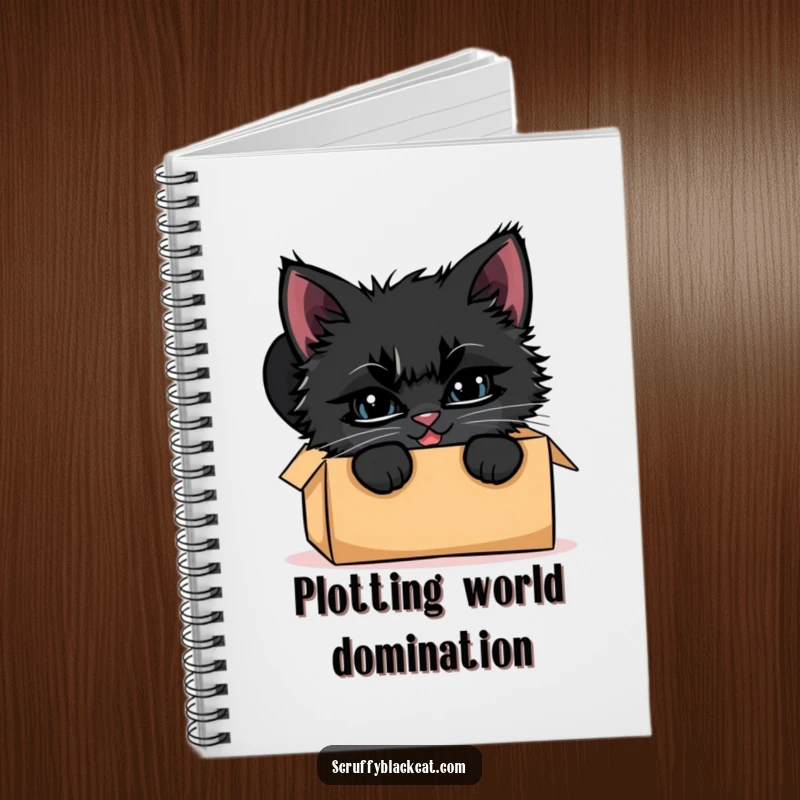 Funny scruffy black kitten notebook cover, showing it peeking from a cardboard box with a mischievous expression.