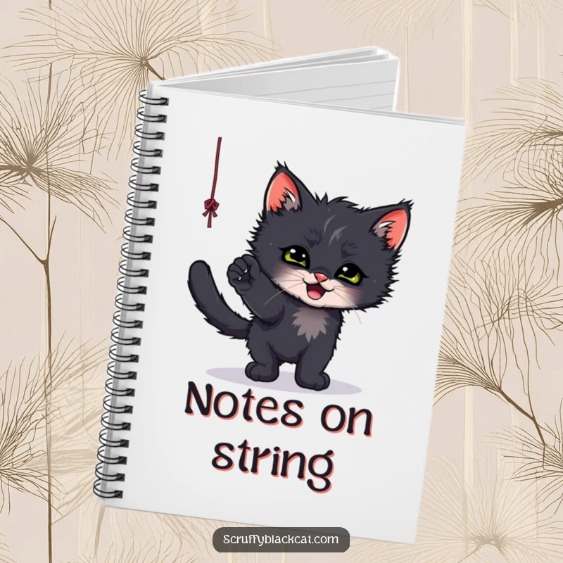 Funny notebook cover featuring a scruffy black kitten batting at a dangling string, ideal for note-taking.