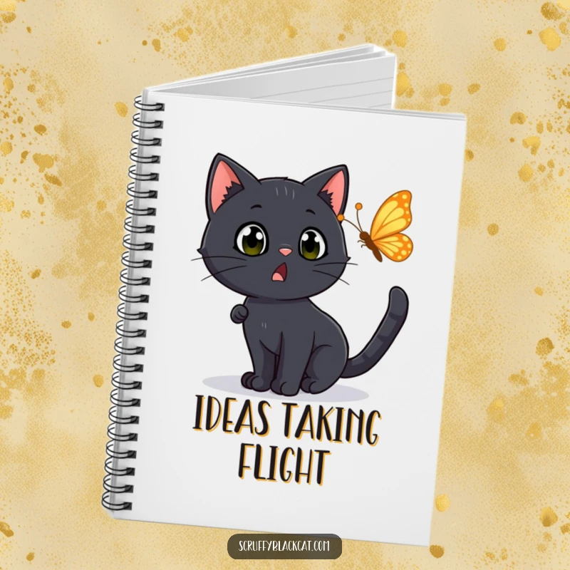 Funny Notebook: A black cat with a surprised expression chasing a fluttering butterfly, ideal for capturing thoughts and ideas.