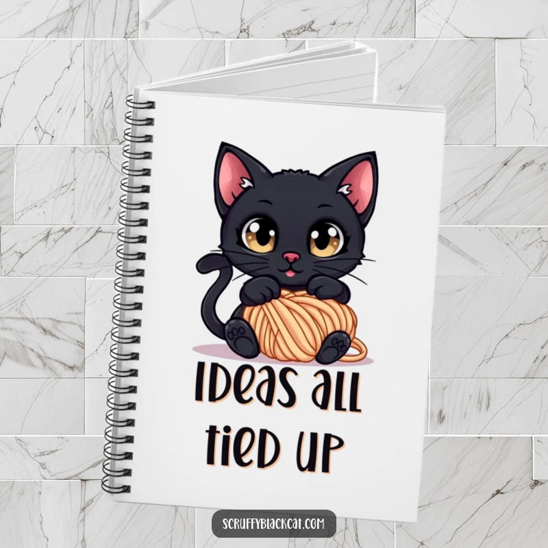 Funny Notebook: A black cat with wide, curious eyes tangled in a ball of yarn, perfect for jotting down ideas.