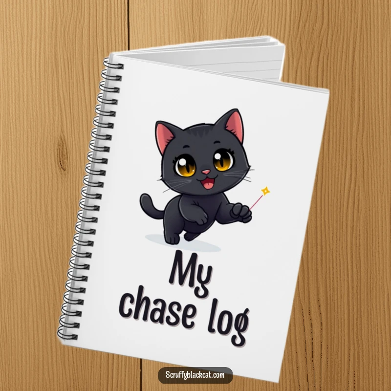 Funny Black Cat Notebook: A black cat's wide, delighted eyes are locked onto a red laser dot, illustrating a moment of intense, humorous focus.