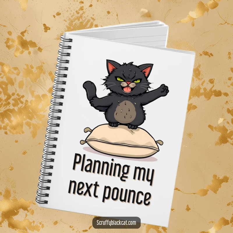 Funny Notebook: Scruffy black cat with a mischievous grin leaping acrobatically over a cushion, perfect for jotting down ideas.