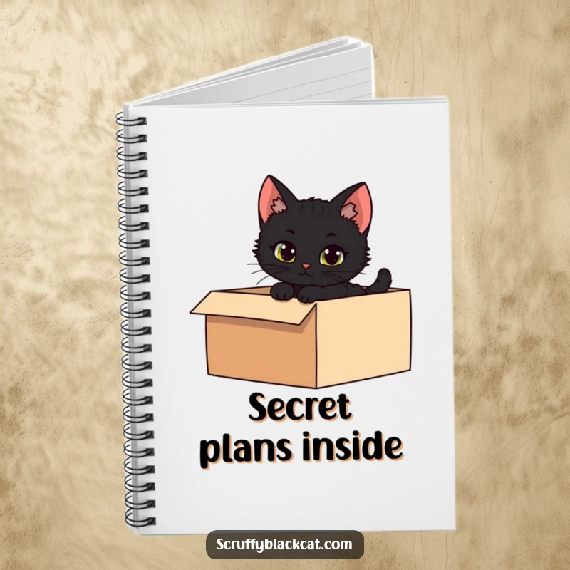 Funny notebook cover featuring a mischievous black kitten peeking from a shadowy box, ideal for note-taking.