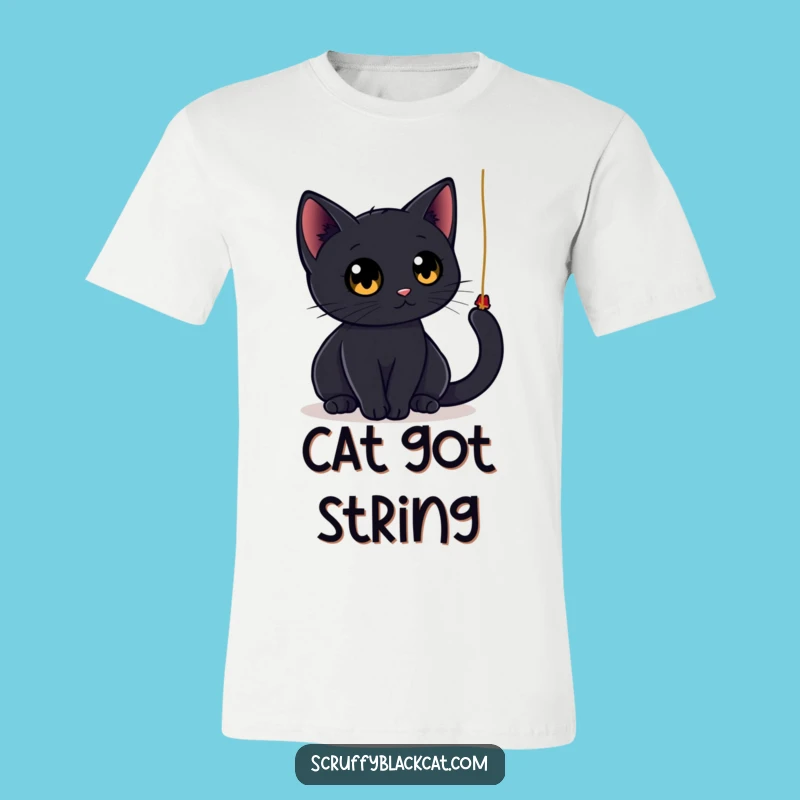 Funny Black Cat String Tee: Playful Feline Graphic Shirt!