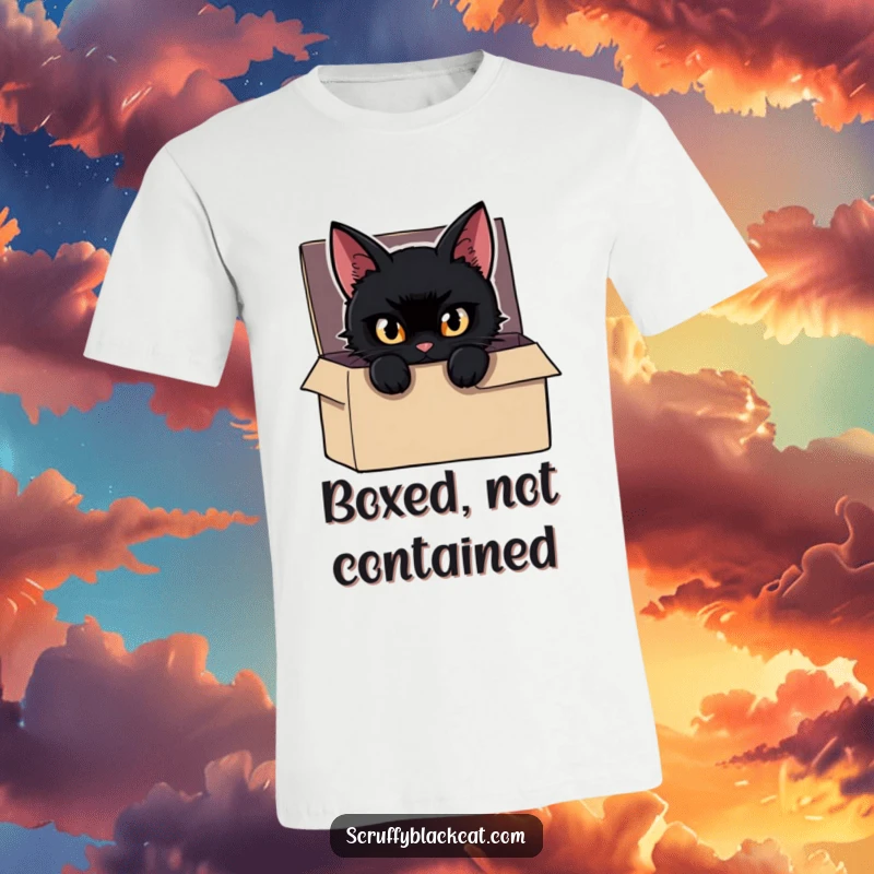 Funny Cat T-Shirt depicting a mischievous black cat peeking from a shadowy box, eyes gleaming with playful intent.