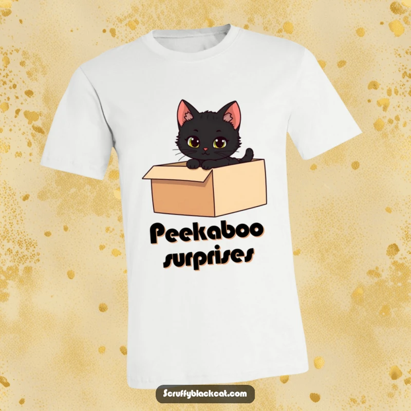 Funny t-shirt showcasing a mischievous black kitten peeking out from a shadowy box, embodying playful stealth.
