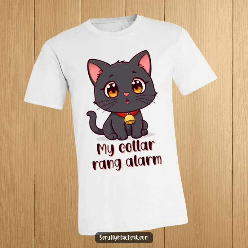 Funny black cat with a tiny bell collar, looking comically surprised on a comfortable t-shirt.