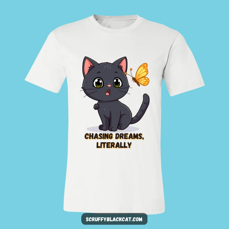 Funny Surprised Cat T-Shirt: Black Cat Chasing Butterfly, Hilarious Reaction Funny Gift