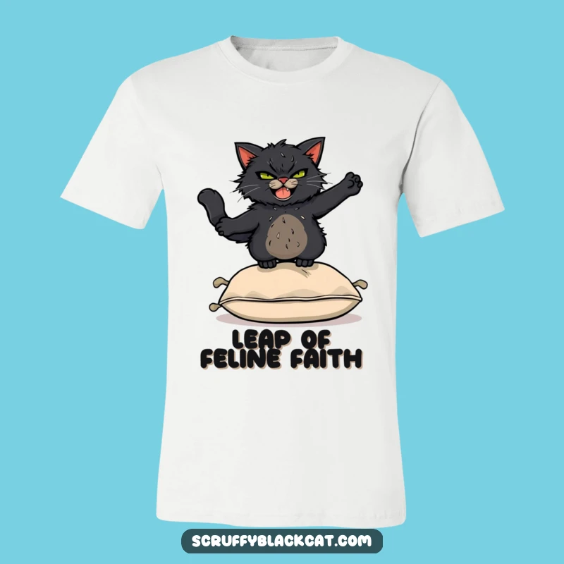 Funny Acrobat Cat T-Shirt: Scruffy Black Cat Leaping Over Cushion, Hilarious Gift Tee