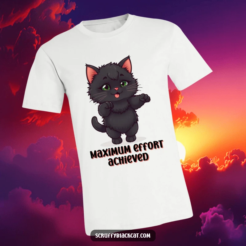 Funny fluffy black kitten captured mid-playful, exaggerated stretch on a soft t-shirt.