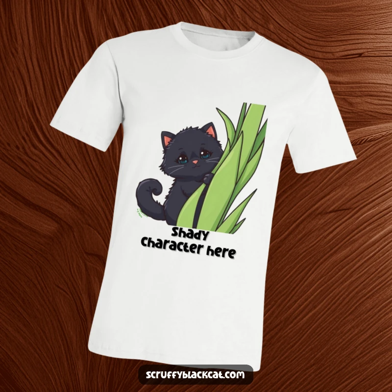 Funny T-Shirt: A fluffy black cat with a curled tail peeking out from behind a tall plant, exuding cuteness.