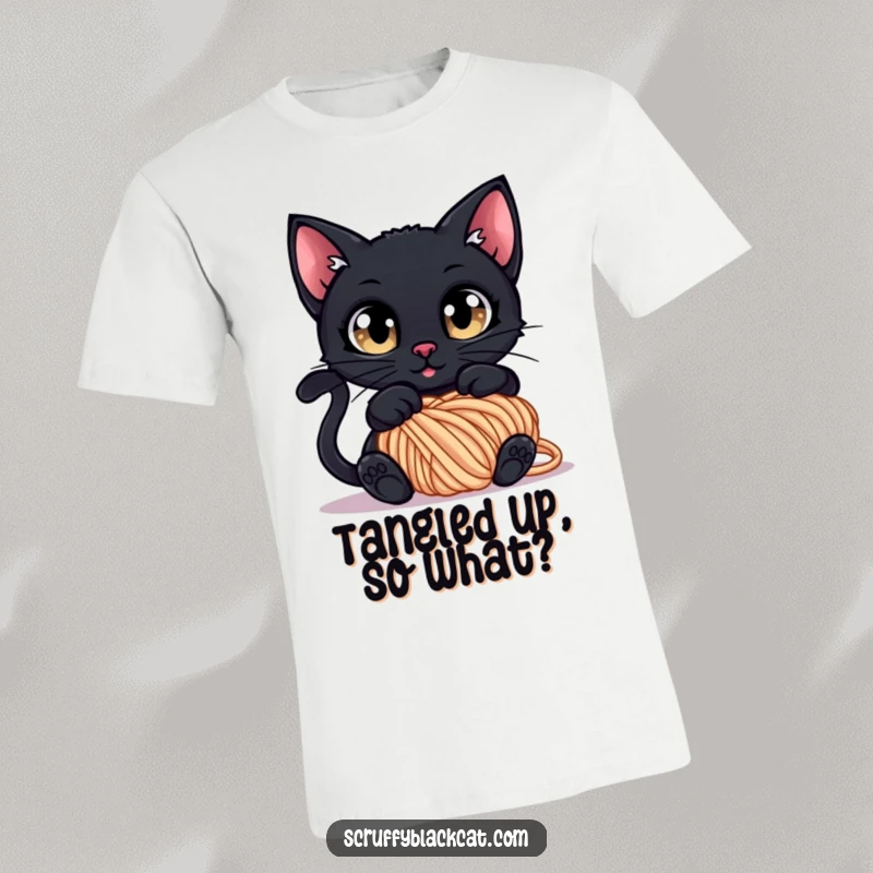 Funny T-Shirt: A black cat with wide, curious eyes tangled in a ball of yarn, depicting a scene of adorable mayhem.