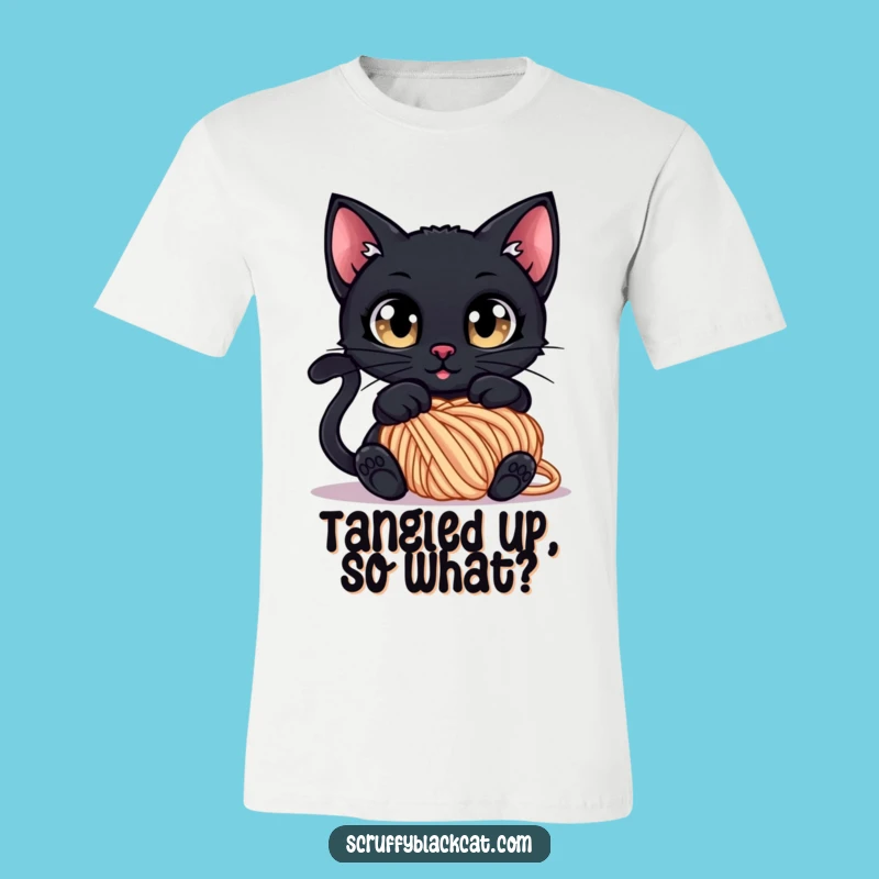 Funny Tangled Cat T-Shirt: Curious Black Cat in Yarn, Hilarious Messy Fun Gift