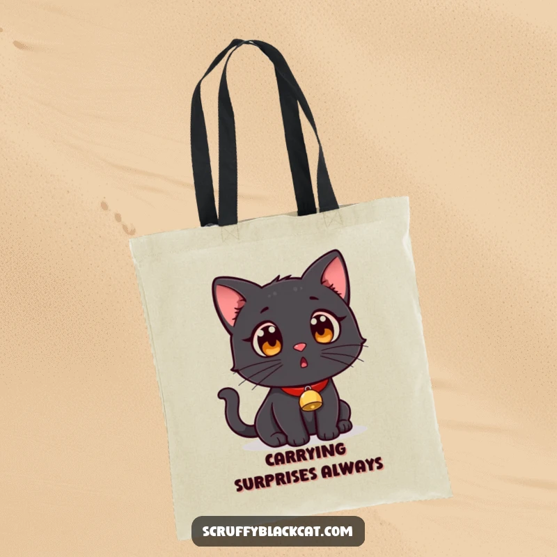 Funny black cat with a tiny bell collar, caught in a moment of surprise on a durable tote bag.