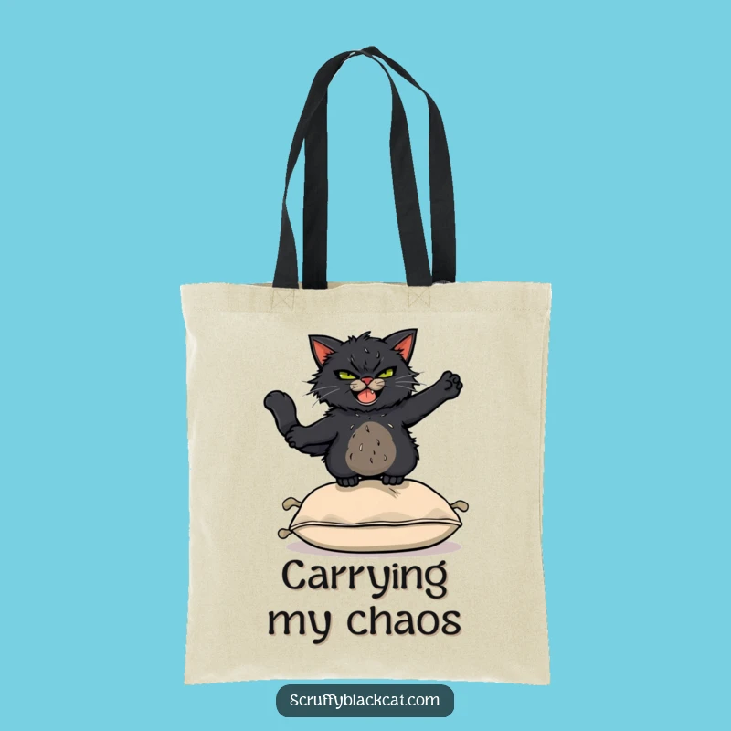 Funny Acrobat Cat Tote Bag: Scruffy Black Cat Leaping Over Cushion, Practical Funny Gift
