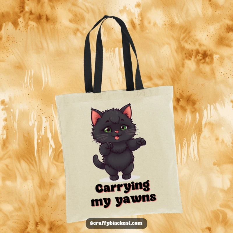 Funny fluffy black kitten in an exaggerated, playful stretch, showcased on a durable tote bag.
