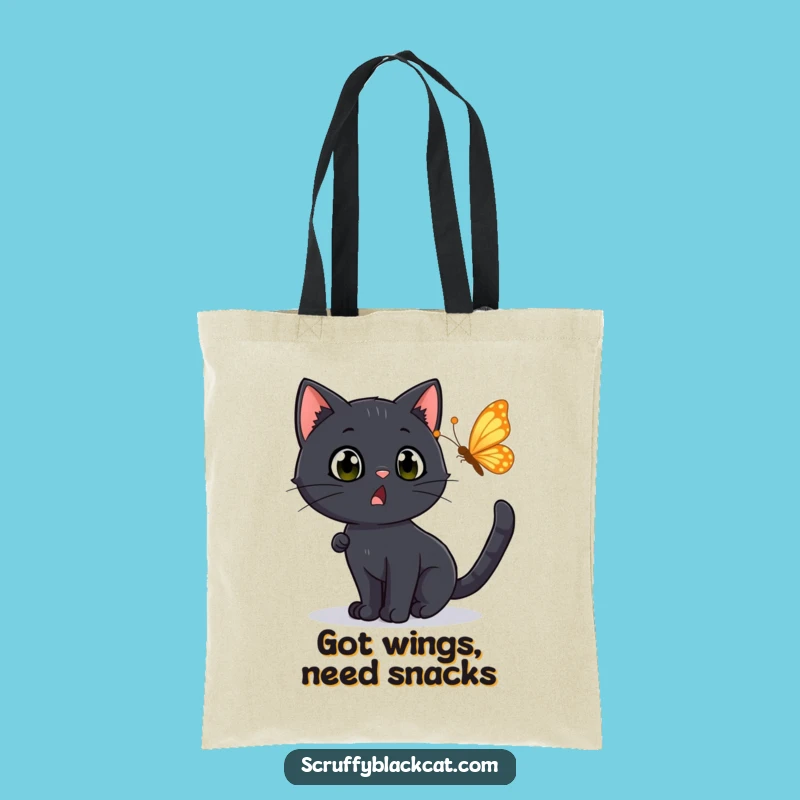 Funny Surprised Cat Tote Bag: Black Cat Chasing Butterfly, Everyday Funny Gift