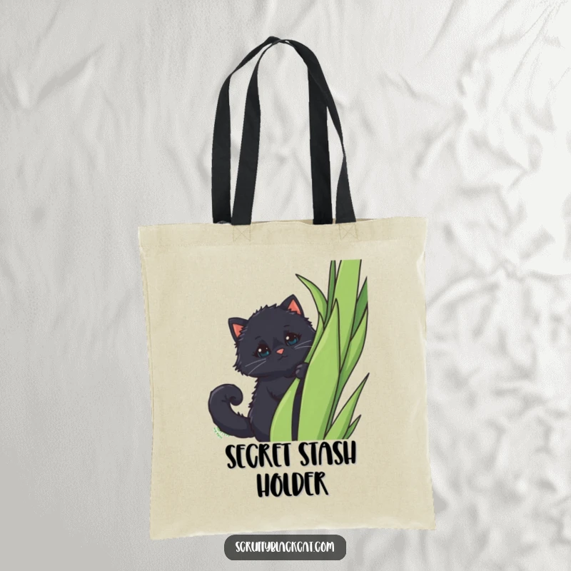 Funny Tote Bag: A fluffy black cat with a curled tail peeking out from behind a tall plant, perfect for carrying belongings.